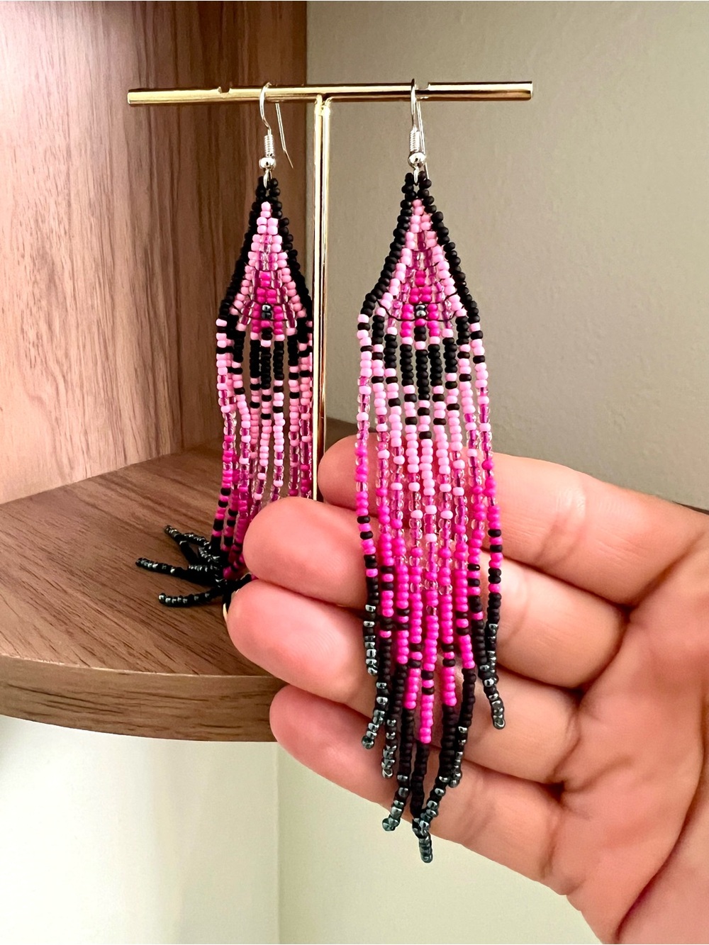 Girlcore Pink & Black Beaded Fringe Earrings - Women Jewelry